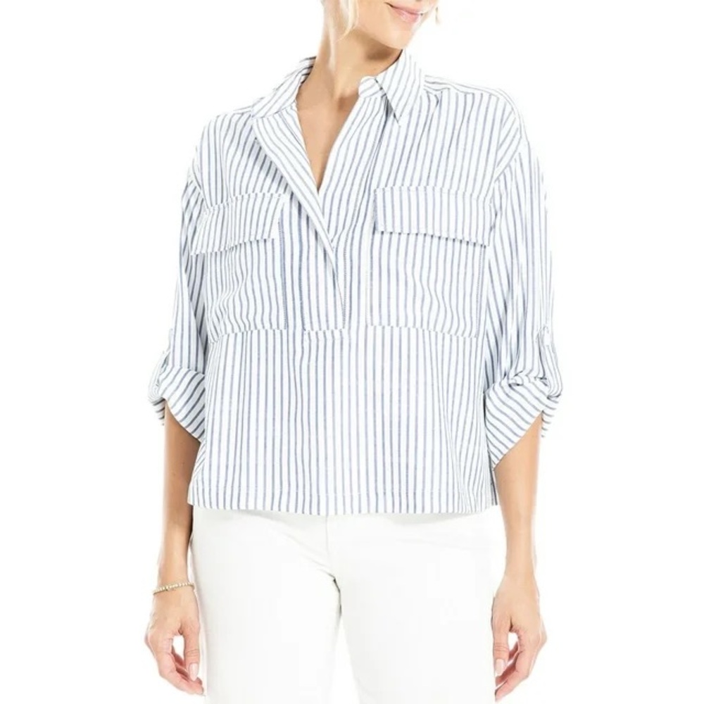 Max Studio Stripe Utility Pocket Shirt striped size medium blue and white
